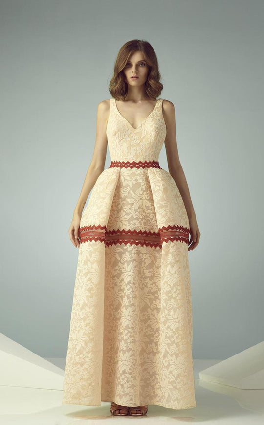 Beside Couture - BC1208 Embroidered V-neck A-line Dress in Orange and Red