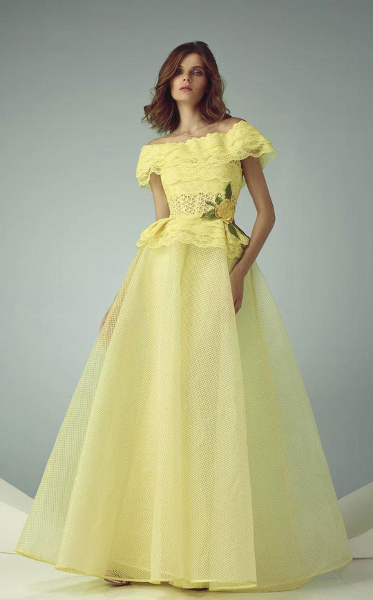 Beside Couture - BC1216 Sheer Jewel Lace Ballgown in Yellow