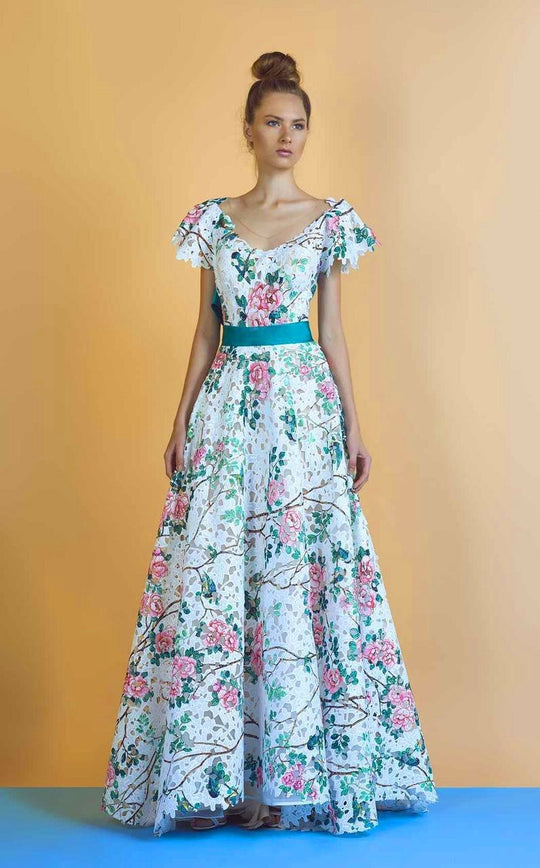 Beside Couture - BC1217 Floral Print Sheer V-neck Dress in White and Multi-Color