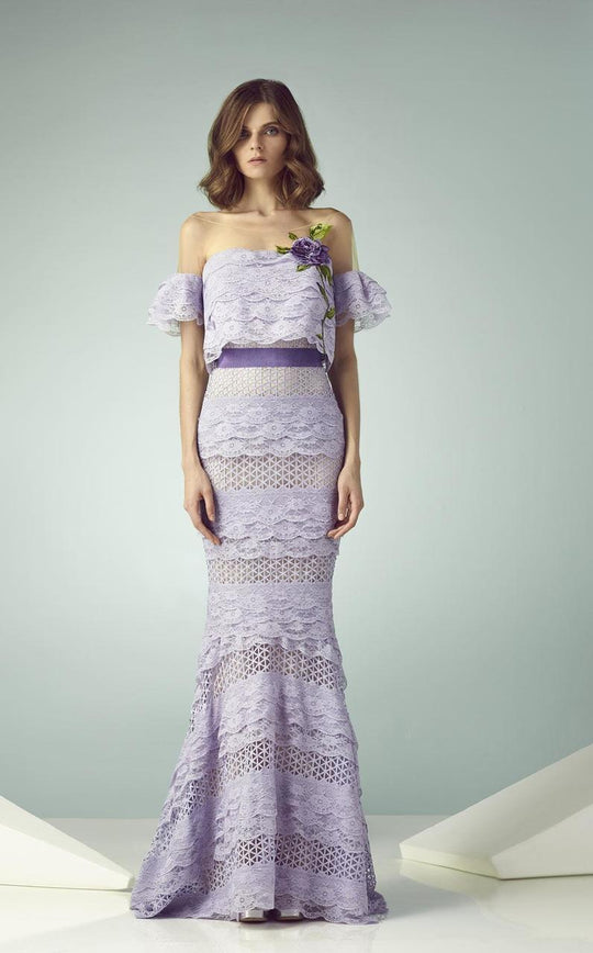 Beside Couture - BC1220 Sheer Bateau Lace Trumpet Dress in Lavender