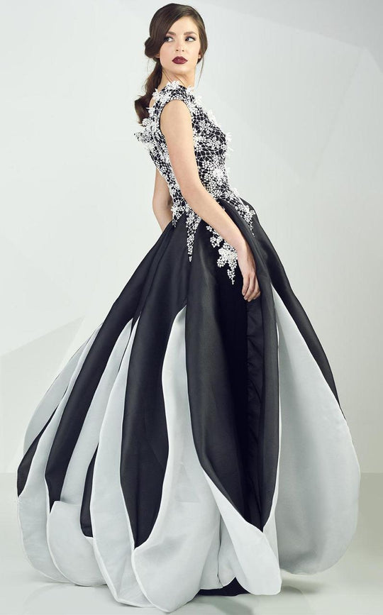 MNM Couture - Off Shoulder Floral Ballgown G0664 in Black and White