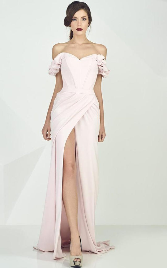 MNM Couture - Ruffled Off-Shoulder Dress with Slit G0665 In Pink