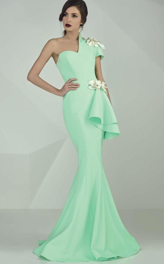 MNM Couture - Asymmetric Neck Mermaid Dress G0667 in Green
