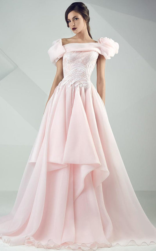 MNM Couture - Embellished Asymmetric Neck Ballgown G0680 in Pink