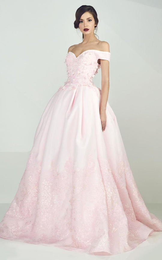 MNM Couture - Off Shoulder Floral Ruched Ballgown G0698 in Pink