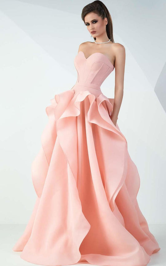 MNM Couture - Strapless Ruffled Long Gown G0711 in Pink