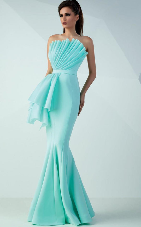 MNM Couture - Pleated Neck Mermaid Dress G0720 in Green