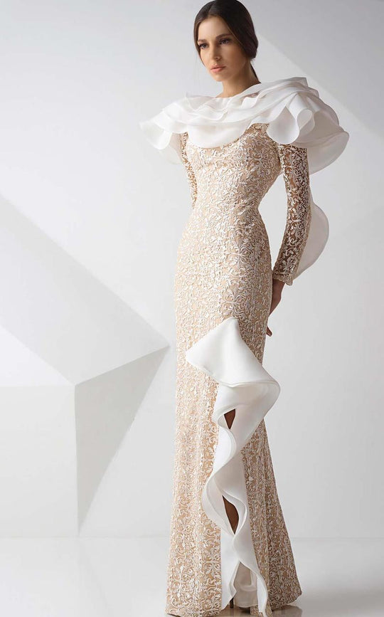 MNM Couture - Ruffle Fringed Evening Gown G0742 in Neutral