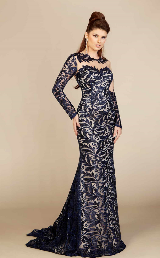 MNM Couture - Sheer Long Sleeved Mermaid Gown M0012W in Blue