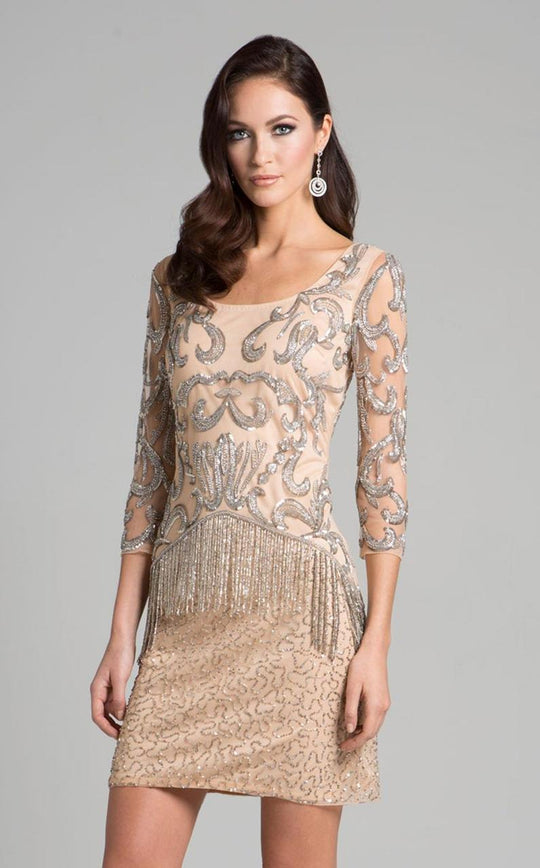 Lara Dresses - 33035 Sequined Quarter Length Sleeves Fringed Dress In Neutral and Silver
