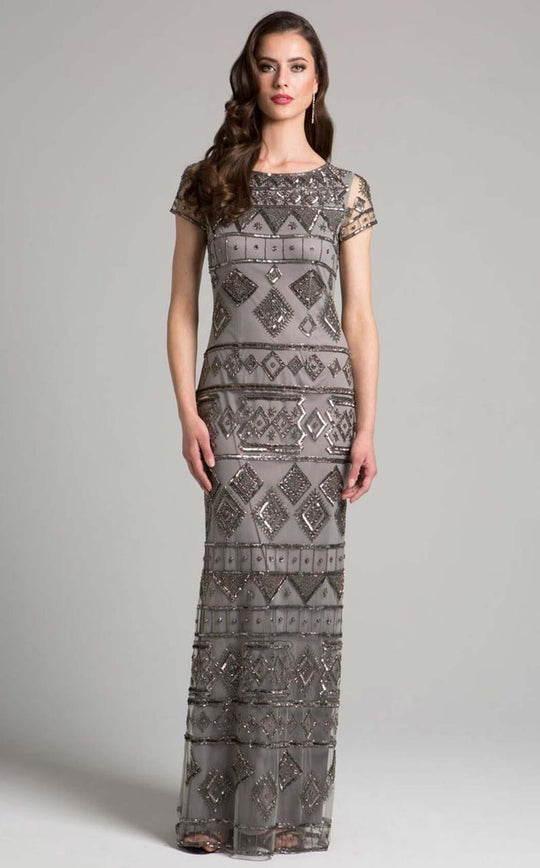 Lara Dresses - 33037 Geometric Short Sleeves Sheath Long Dress In Gray