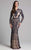 Lara Dresses - 33038 Long Sleeves Jewel Neck Sheath Long Dress In Neutral and Blue