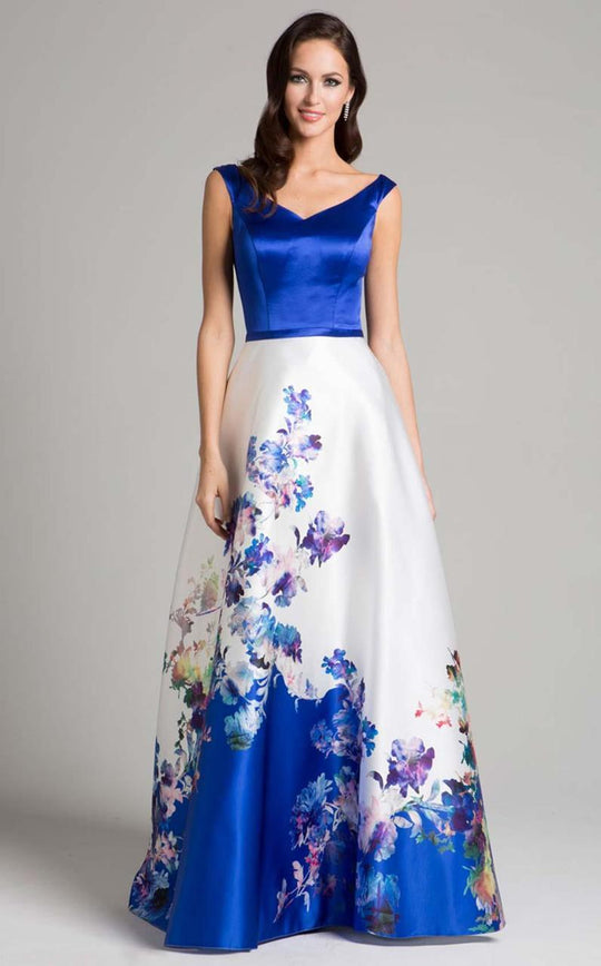 Lara Dresses - 33122 Floral Printed V Neck Long Dress In Blue and Print