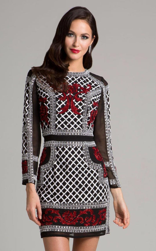 Lara Dresses - 33129 Beaded Jewel Long Sleeves Sheath Cocktail Dress In Black