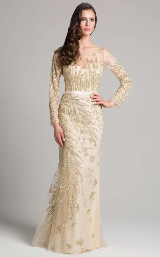 Lara Dresses - 33198 Jewel Long Sleeves Sheath Long Dress In Gold