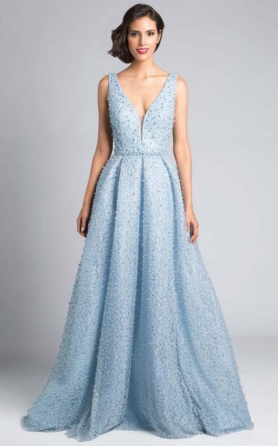 Lara Dresses - 33202 Ornamented Plunging V-Neck Gown In Light Blue