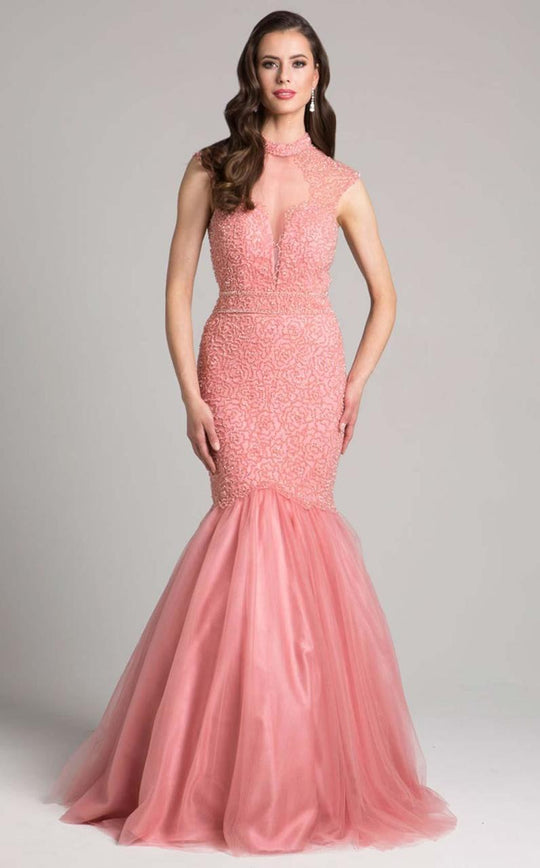 Lara Dresses - 33203 Beaded High Neck Mermaid Gown In Pink