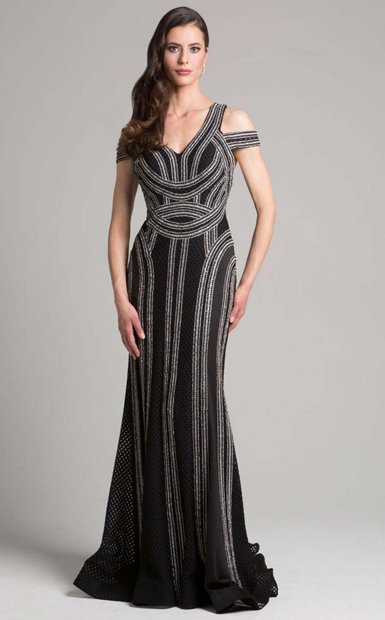 Lara Dresses - 33204 Cold Shoulder V Neck Sheath Long Dress In Black