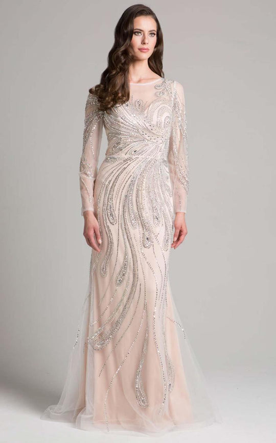 Lara Dresses - 33205 Sequined Long Sleeves Long Gown In Neutral and Silver