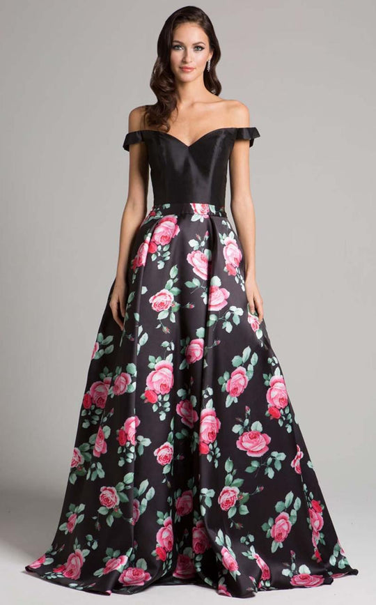 Lara Dresses - 33207 Floral Off Shoulder A-line Dress In Black and Floral