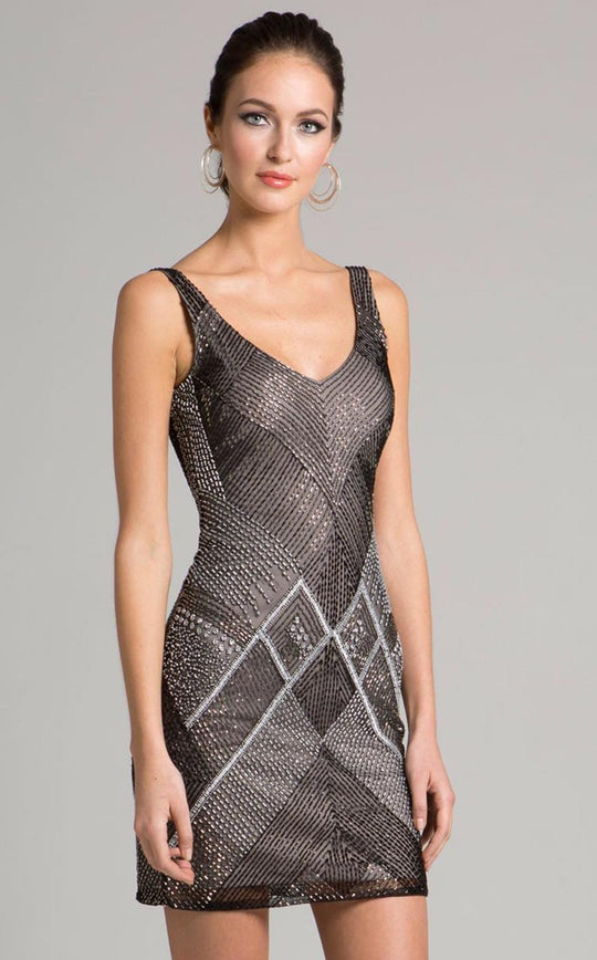Lara Dresses - 33266 Beaded V-neck Sheath Dress In Black and Gray