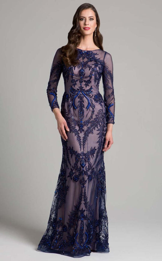 Lara Dresses - 33269 Laced Bateau Column Dress In Blue and Neutral