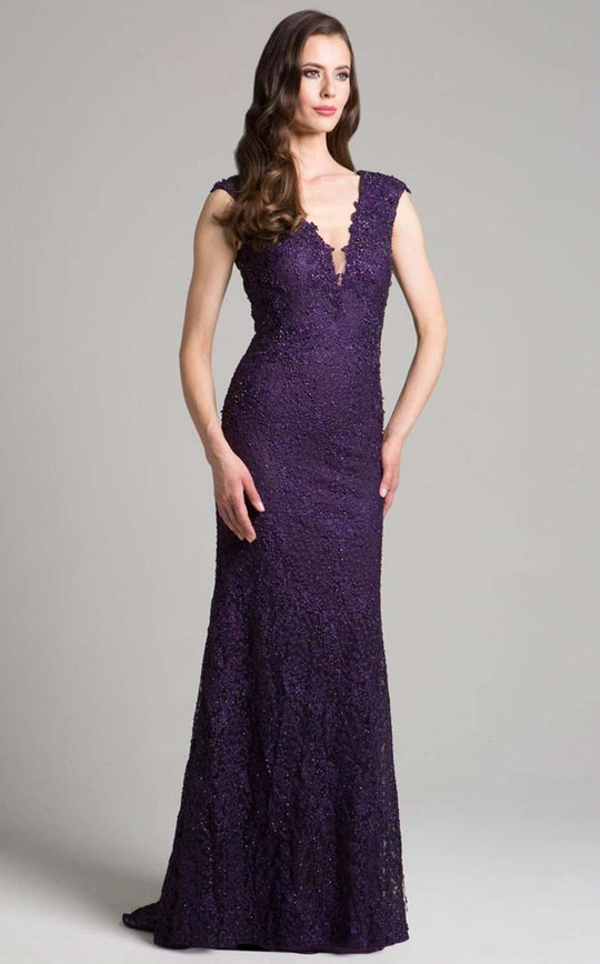 Lara Dresses - 33286 Beaded Lace V-neck Dress In Purple