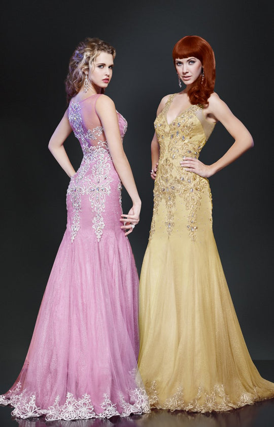 MNM Couture - 7965W Embroidered and Jeweled Trumpet Gown In Gold and Pink