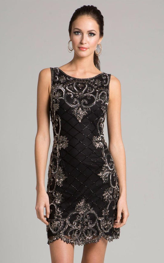 Lara Dresses - 33292 Beaded Bateau Sheath Dress In Black