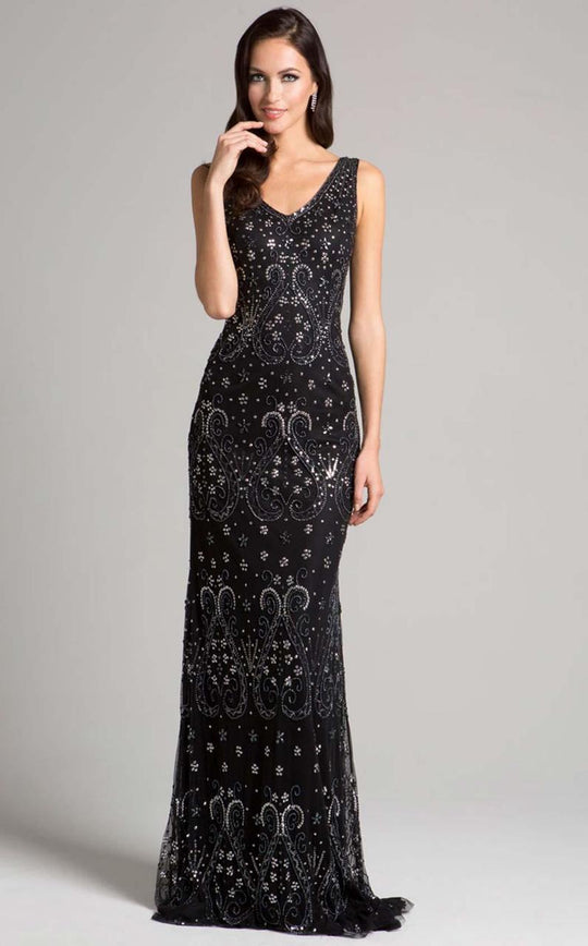 Lara Dresses - 33293 Beaded V-neck Dress In Gray