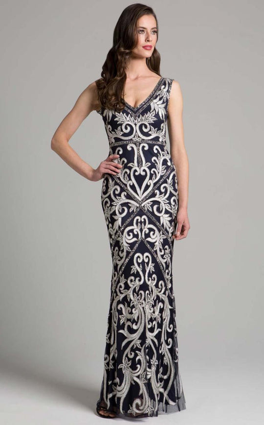 Lara Dresses - 33401 Bedazzled Plunging V-neck Dress In Blue