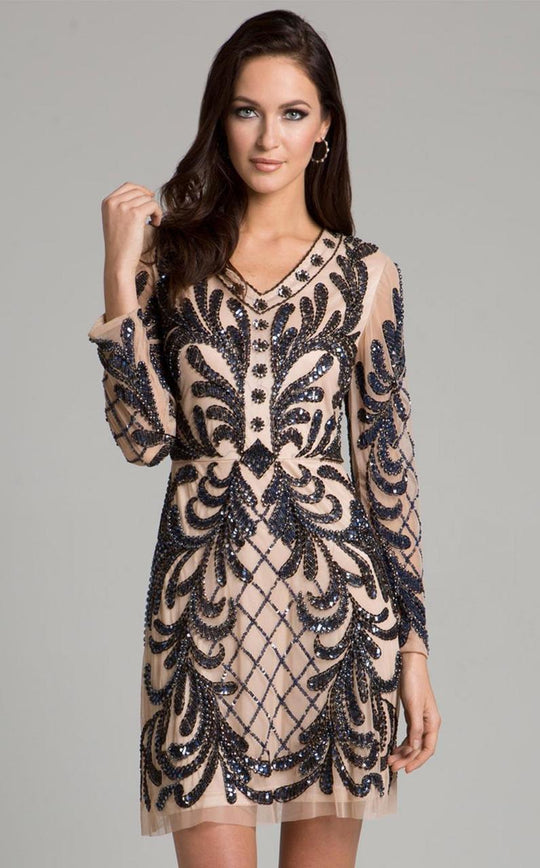 Lara Dresses - 33402 Sheer V-neck Mini Dress In Nude and Blue