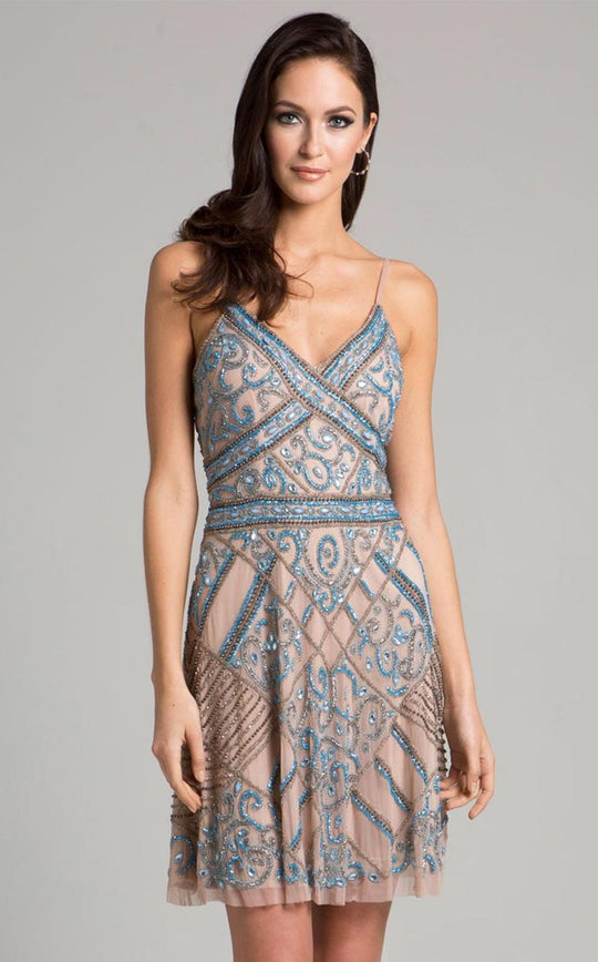 Lara Dresses - 33406 Beaded V-neck A-line Dress In Neutral and Blue