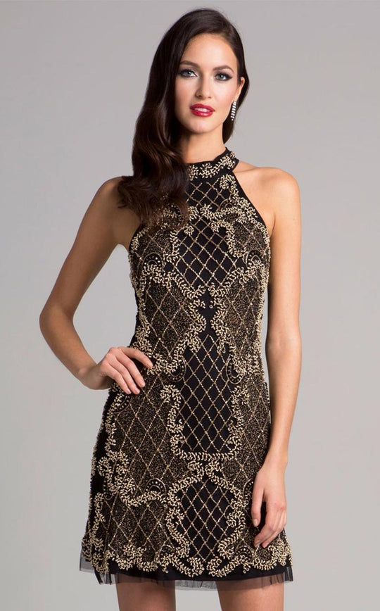 Lara Dresses - 33412 Beaded Halter-Styled Cocktail Dress In Black and Gold