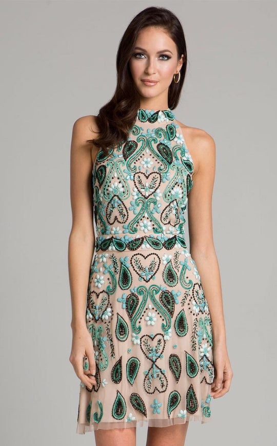 Lara Dresses - 33417 Halter Neck Beaded Cocktail Dress In Green and Multi-Color