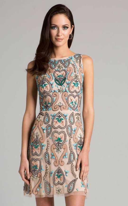 Lara Dresses - 33418 Bateau Neck Beaded Cocktail Dress In Neutral and Multi-Color