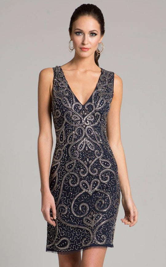Lara Dresses - 33419 V-Neck Beaded Cocktail Dress In Blue