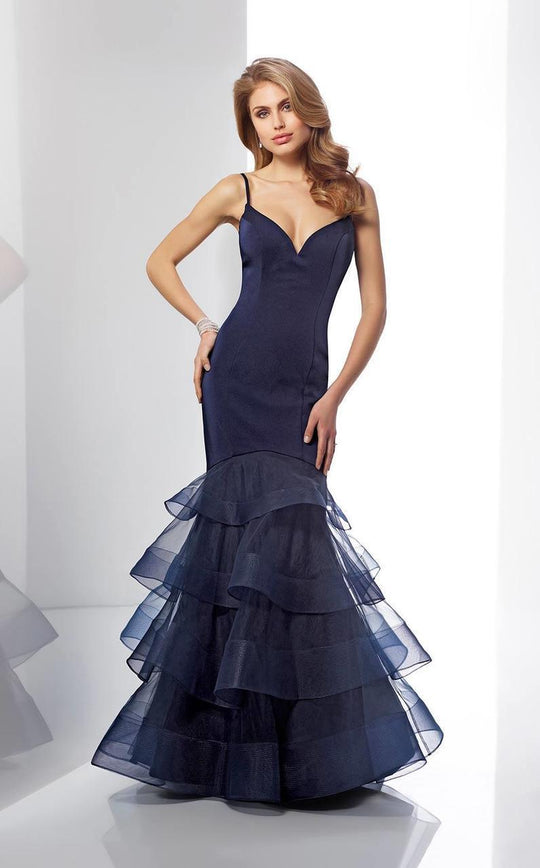 Social Occasions by Mon Cheri - 217839 Curve V-neck Trumpet Dress in Blue