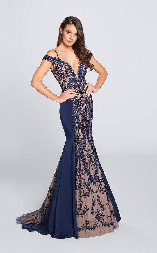 Ellie Wilde - EW21715 Off-Shoulder Mermaid Gown in Blue and Neutral