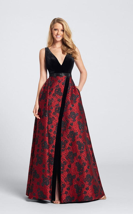 Ellie Wilde - EW21721 V-Neck Velvet Evening Gown in Black and Red