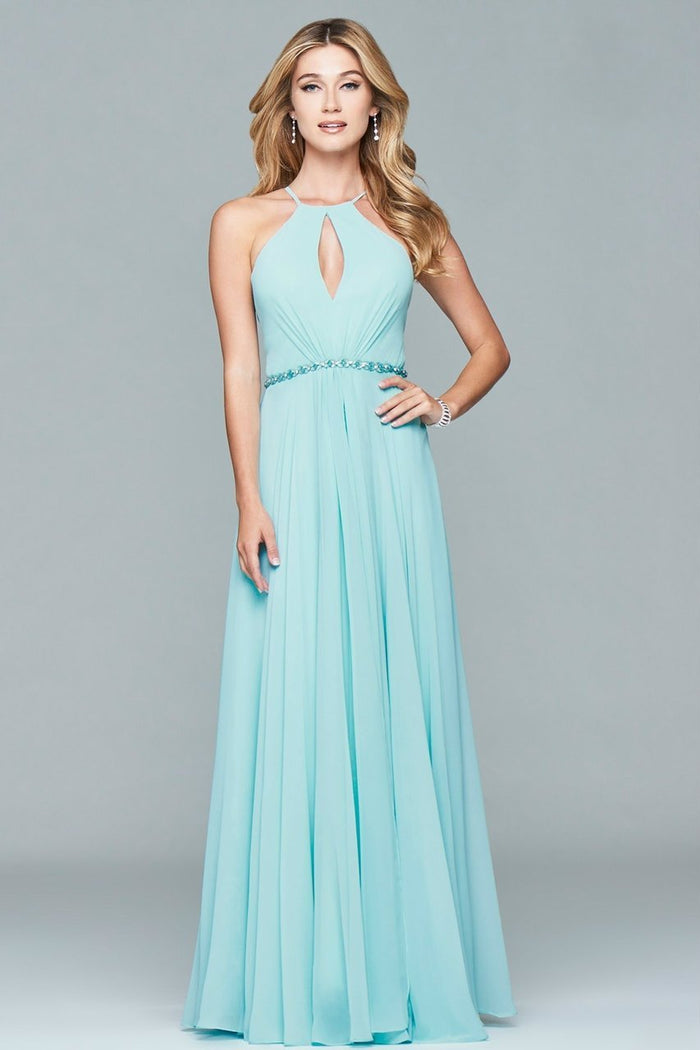 s7978 Long chiffon halter with beaded waist trim