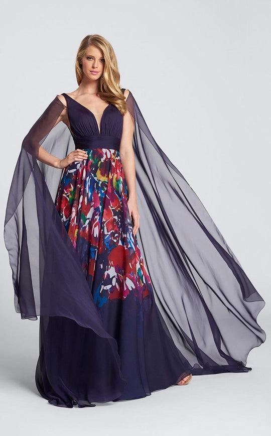 Ellie Wilde - EW21756 Deep V-Neck Floral Chiffon Long Dress in Purple and Multi-Color