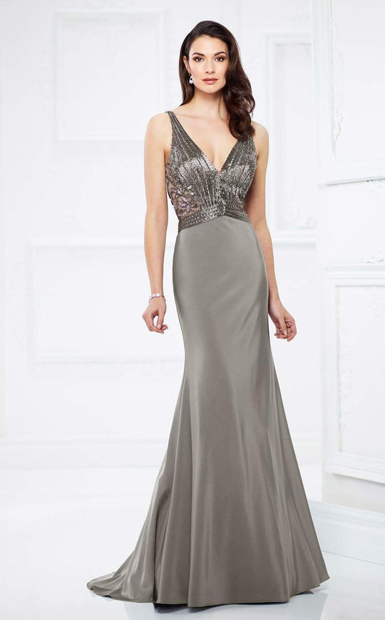 Montage by Mon Cheri - 217933 Bedazzled Deep V-neck Trumpet Dress In Gray