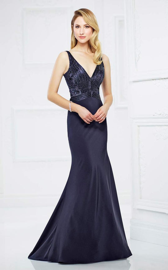 Montage by Mon Cheri - 217933 V-Neck Metallic Embellished Evening Gown I Blue