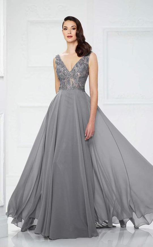 Montage by Mon Cheri Beaded V-neck A-line Dress 217935 In Gray