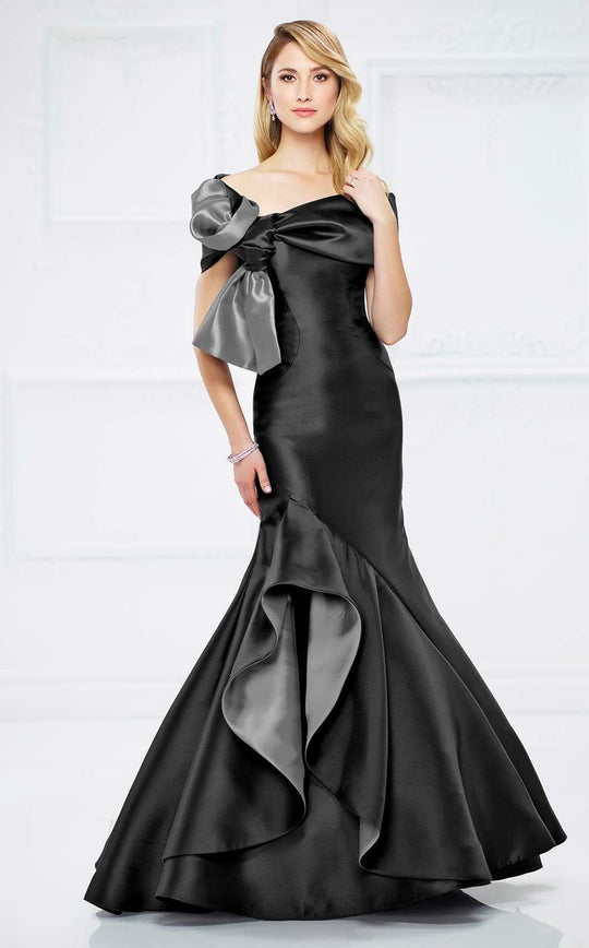 Montage by Mon Cheri - 217938 Strapless Mikado Ruffled Evening Gown in Black and Gray