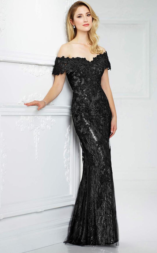 Mon Cheri - Off-the-Shoulder Lace Evening Gown 217941 in Black and Silver.