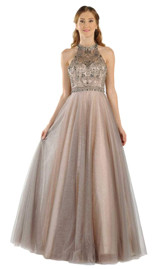 Poly USA - 7984 Sleeveless Beaded Halter A-line Dress in Neutral