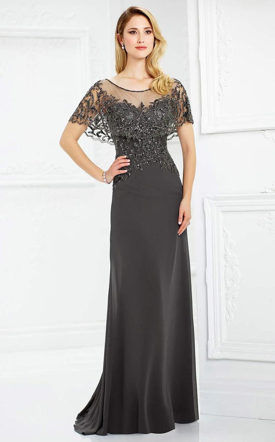 Montage by Mon Cheri Beaded Sheer Capelet Sheath Gown In Gray