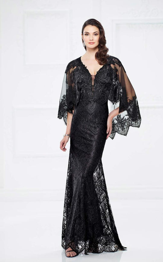 Montage by Mon Cheri - 217949 Cape Sheer Lace Evening Gown  in Black